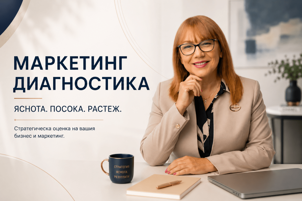 Професионална визия за маркетинг диагностика и бизнес стратегия с Русанка Начева, бюро, лаптоп и модерна работна среда, символизиращи яснота, посока и растеж на бизнеса.