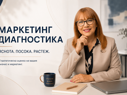 Професионална визия за маркетинг диагностика и бизнес стратегия с Русанка Начева, бюро, лаптоп и модерна работна среда, символизиращи яснота, посока и растеж на бизнеса.