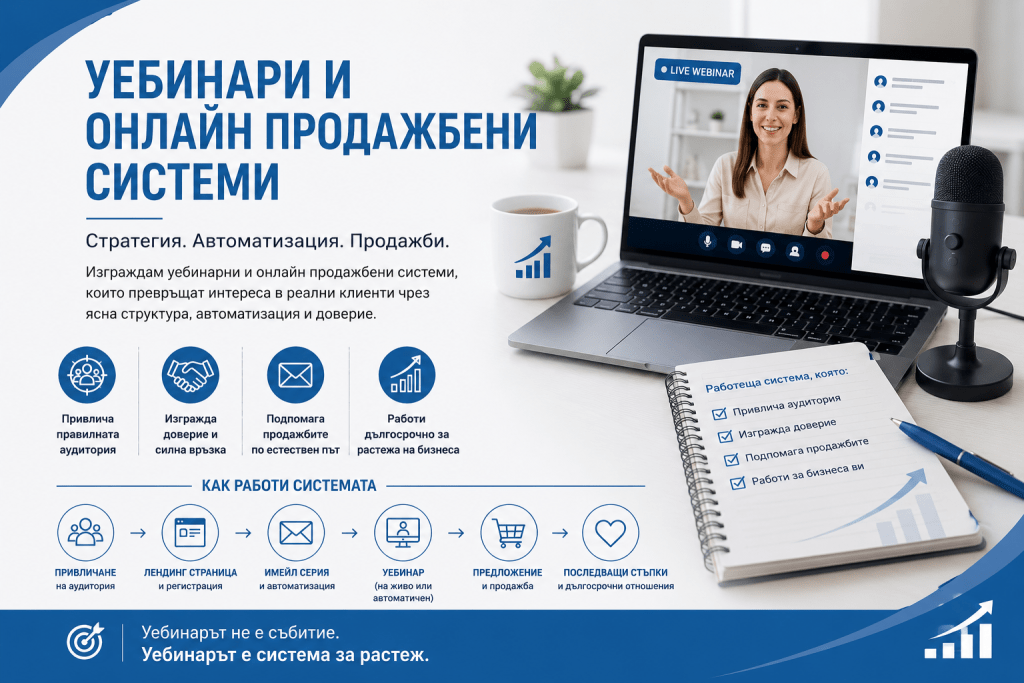Модерна маркетинг визия за уебинари и онлайн продажбени системи с лаптоп, онлайн уебинар, микрофон и схема на клиентски процес за привличане на аудитория, имейл маркетинг, автоматизация и продажби.