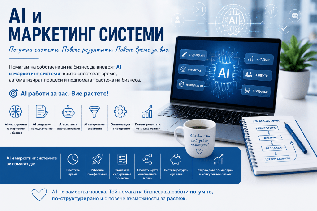 Модерна AI маркетинг визия с лаптоп, AI интерфейс, маркетинг автоматизация и бизнес процеси за растеж, съдържание, продажби и клиентски системи.