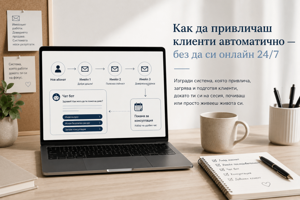 Схема на автоматизирана маркетинг фуния с имейл маркетинг, чатбот и записване за консултация, показана на лаптоп в офис среда.