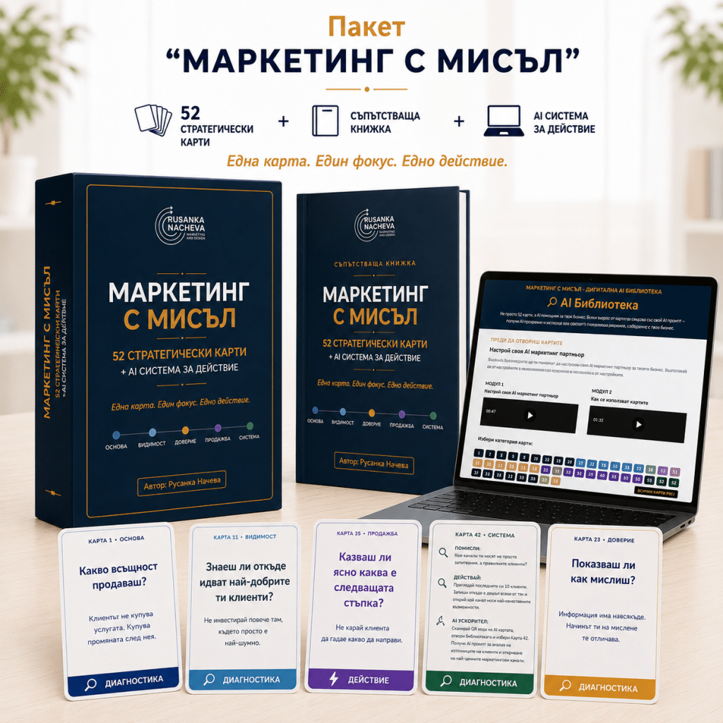 Комплект „Маркетинг с мисъл“ – 52 стратегически маркетингови карти, AI система за действие, печатно ръководство и QR достъп до AI библиотека с промптове за ChatGPT и Claude за собственици на малък бизнес.